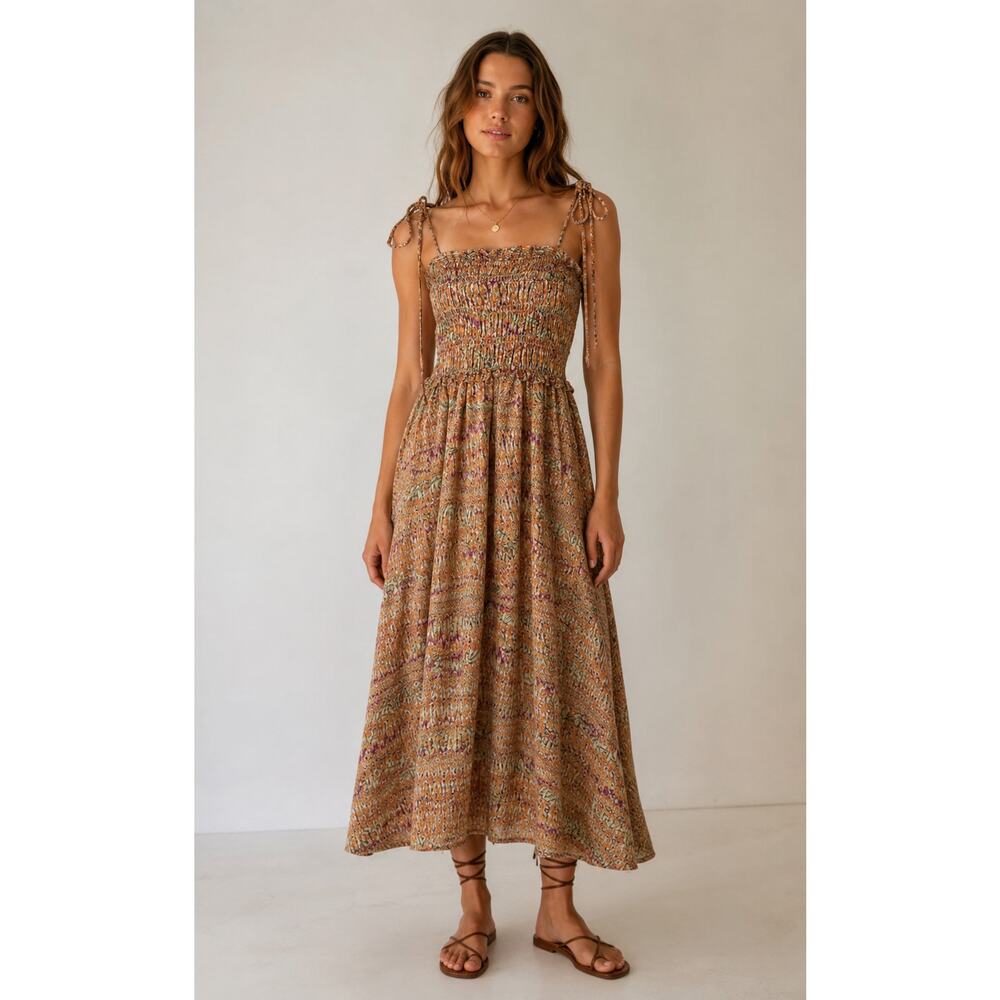 NWT GILNER FARRAR Paula Dress In Castaway Print Linen Viscose Smocked Top Midi